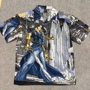 Claudio Nucci Mens Large Anime Warrior Waterfall Graphic Button Down Shirt Blue